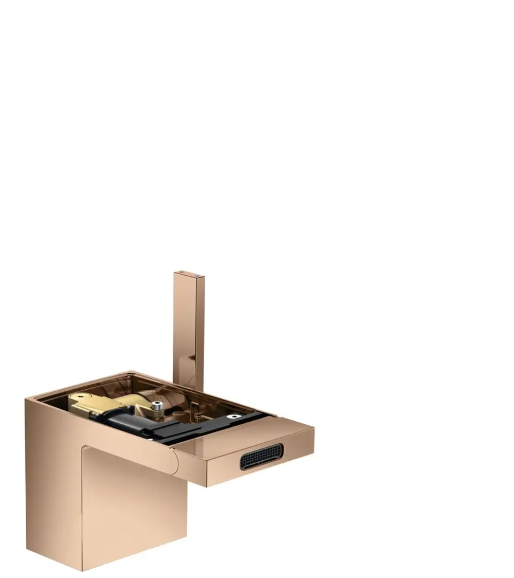 Bidetmischer von AXOR in Polished Red Gold mit einem minimalistischen Design und Push-Open Ablaufgarnitur. Zeigt klare geometrische Formen.